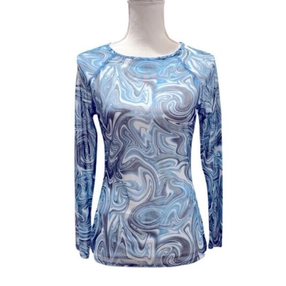 Unbranded Tops - Kate Kasin long sleeve sexy sheer blouse in a blue marble print. Medium